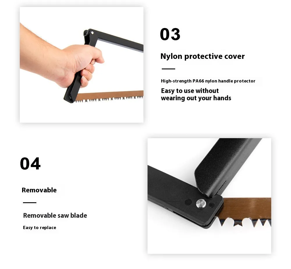 Black foldable outdoor survival saw with aluminium and nylon construction.