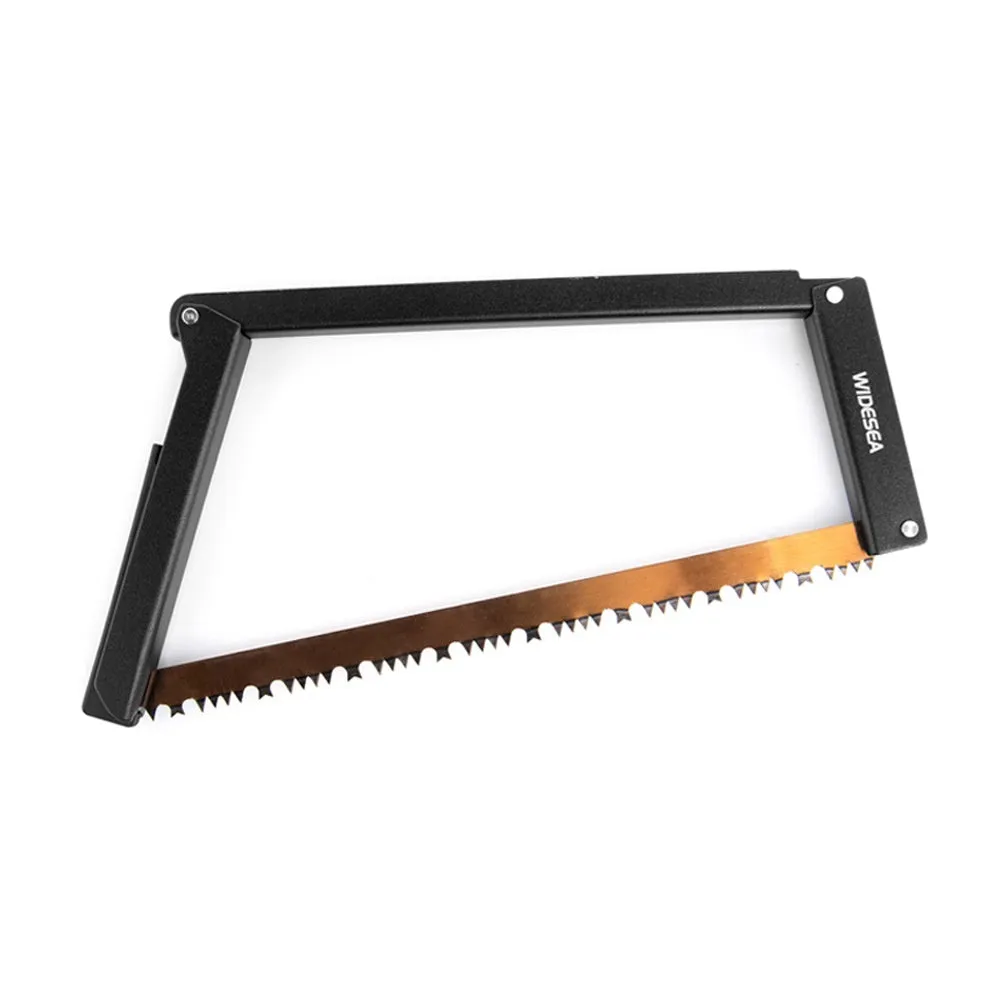 Black foldable outdoor survival saw with aluminium and nylon construction.