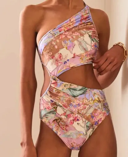 Women's rose gold pattern swimsuit made from polyester fabric available in multiple sizes