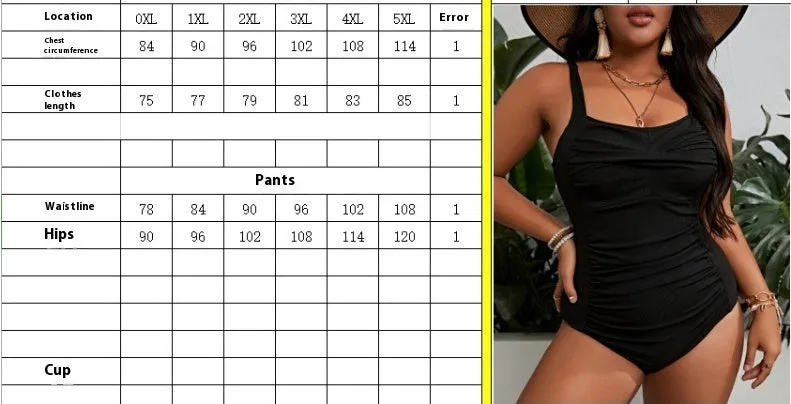 Black plus size one-piece swimsuit for women with sleeveless design and solid colour