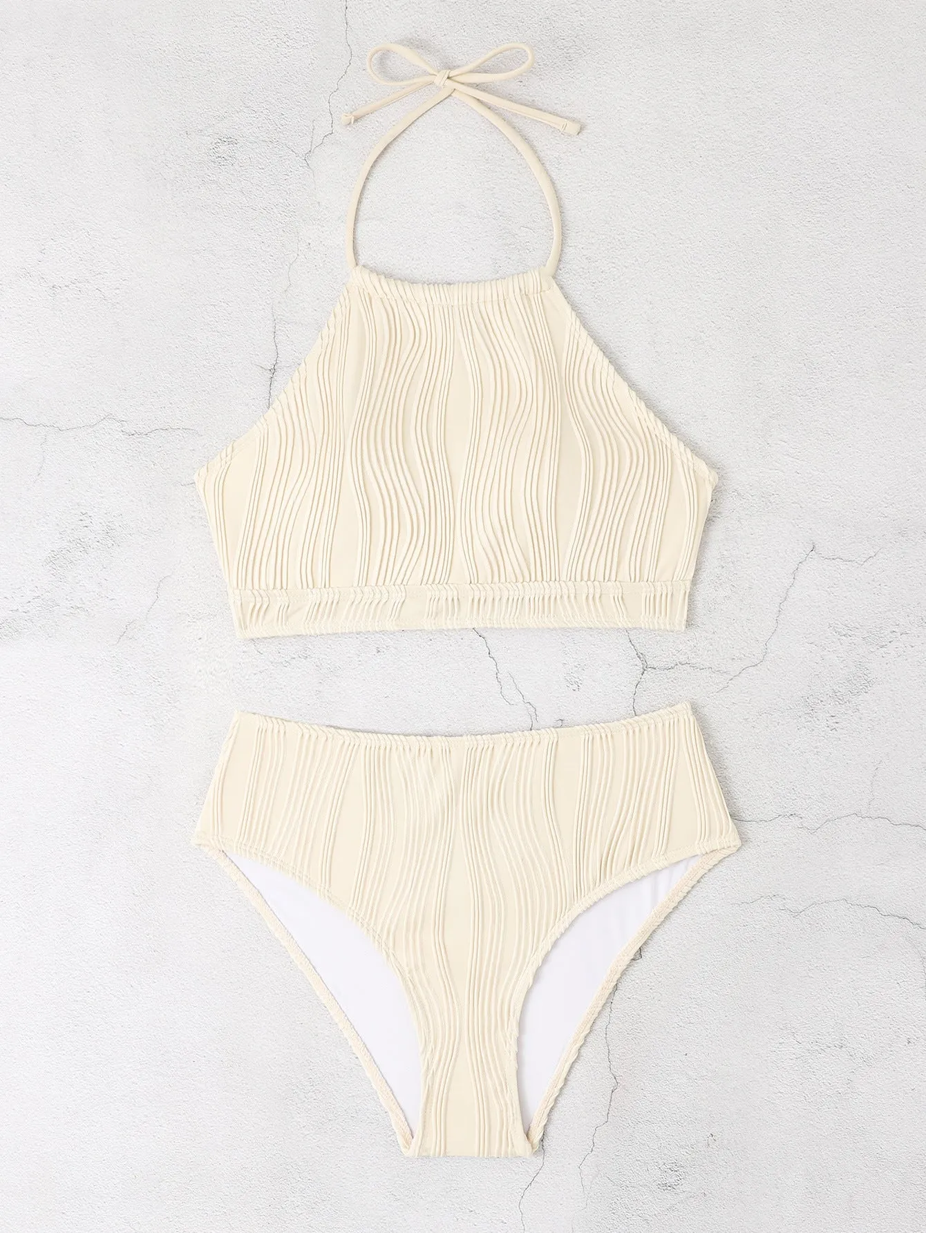 Conservative swimwear set with high waist apron design in white, apricot or black colours