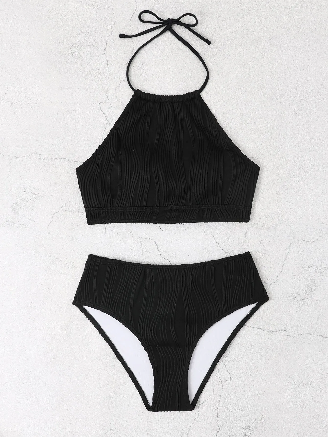 Conservative swimwear set with high waist apron design in white, apricot or black colours