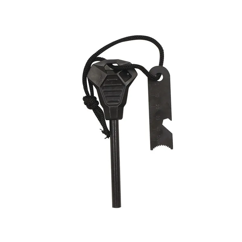 Black outdoor survival multi-tool showing magnesium rod flint and stainless steel scraper with multiple functions.