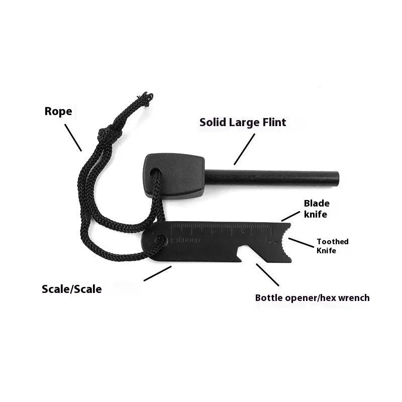 Black outdoor survival multi-tool showing magnesium rod flint and stainless steel scraper with multiple functions.