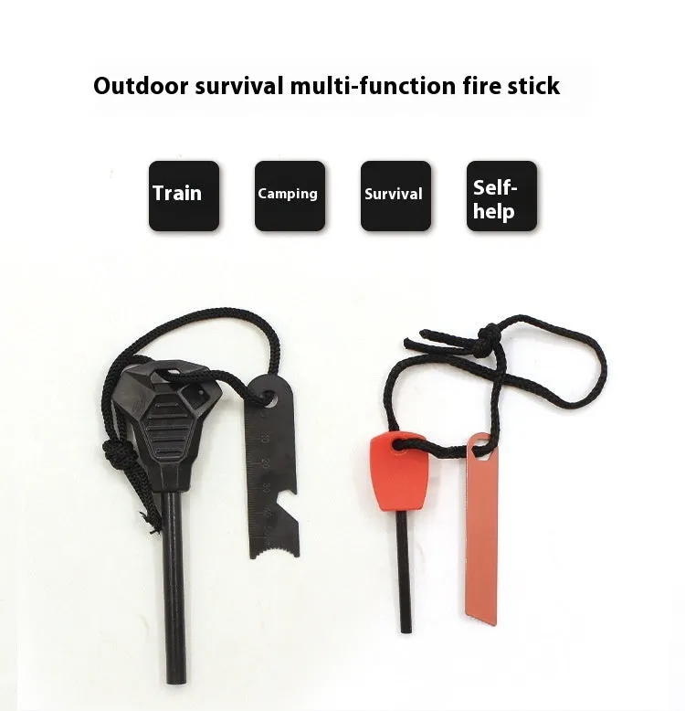 Black outdoor survival multi-tool showing magnesium rod flint and stainless steel scraper with multiple functions.
