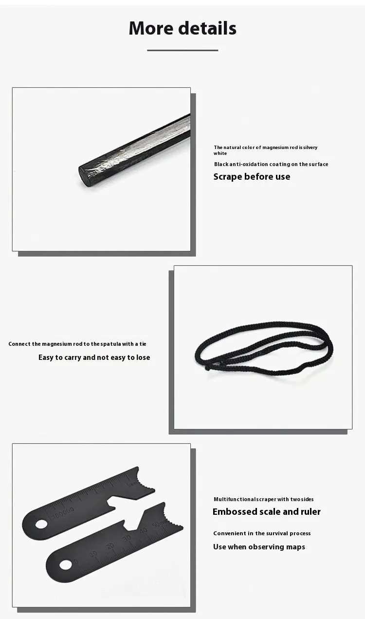 Black outdoor survival multi-tool showing magnesium rod flint and stainless steel scraper with multiple functions.