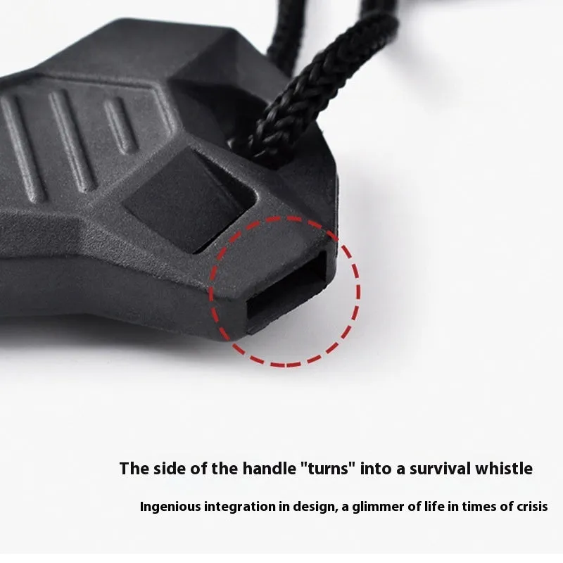 Black outdoor survival multi-tool showing magnesium rod flint and stainless steel scraper with multiple functions.