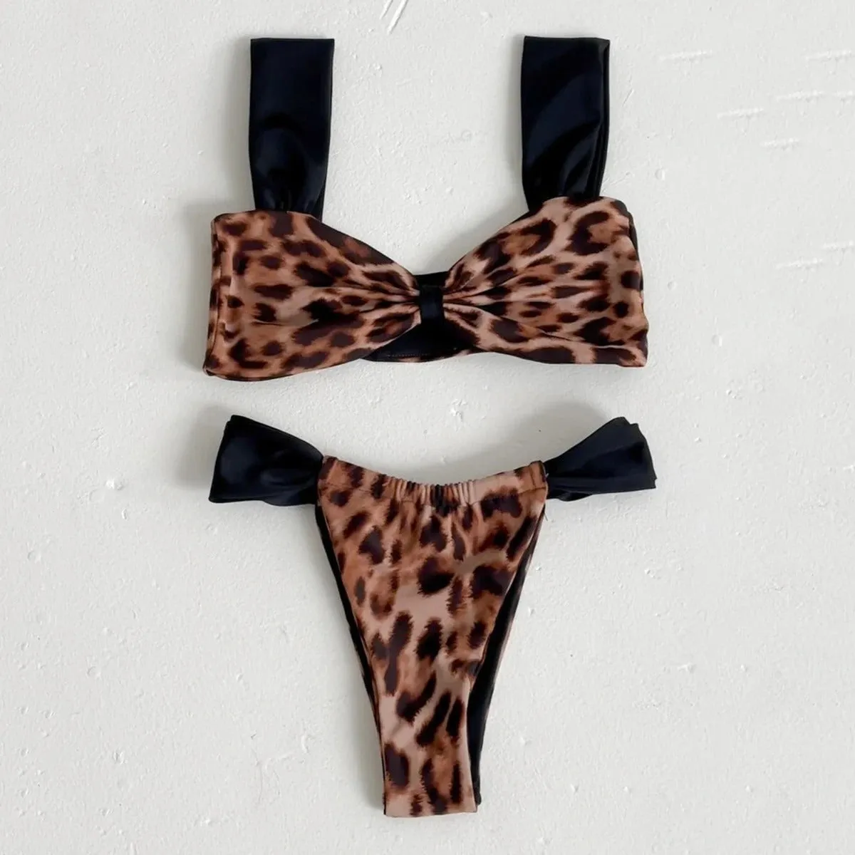 Women's leopard print and black bikini set with tube top and split-style briefs