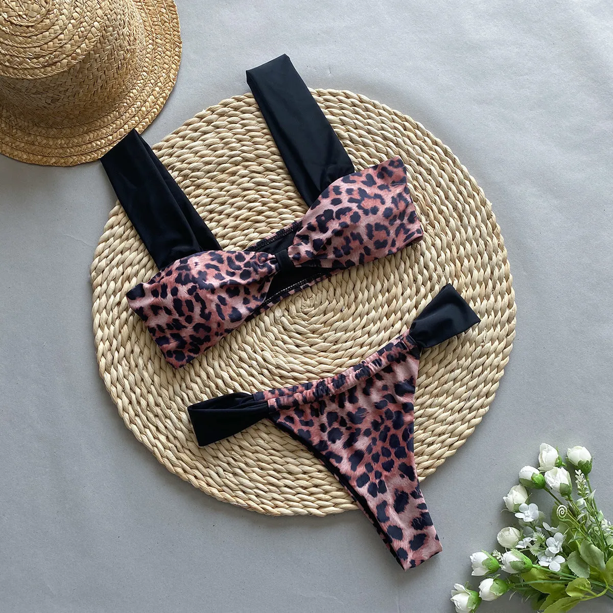 Women's leopard print and black bikini set with tube top and split-style briefs