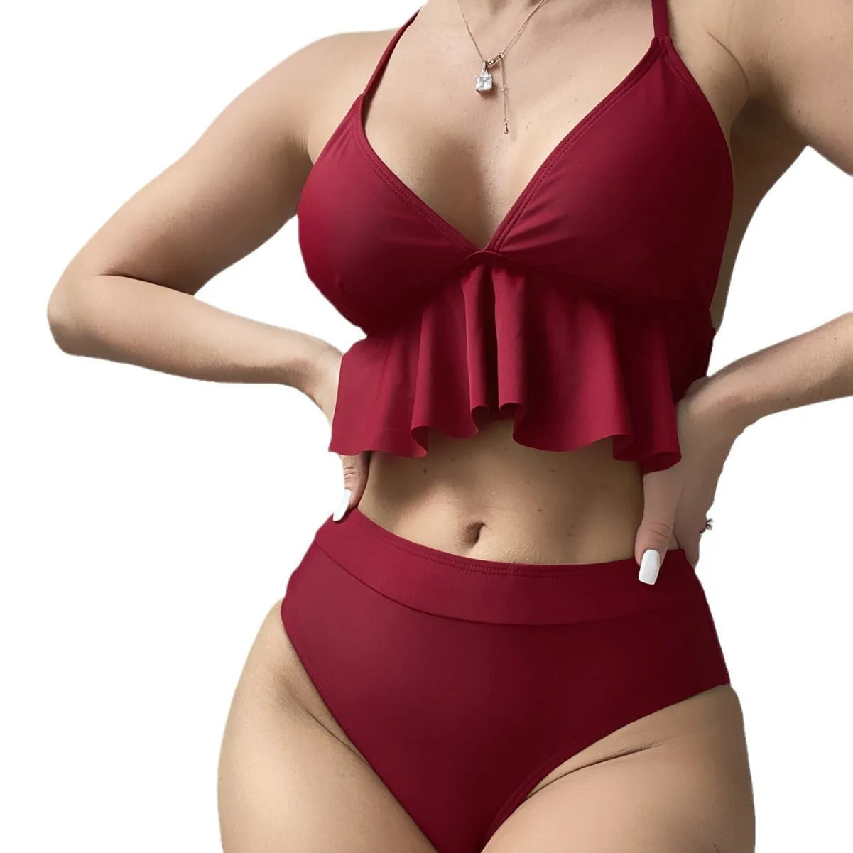 Women's solid colour bikini swimsuit in black, army green, brick red, or blue.