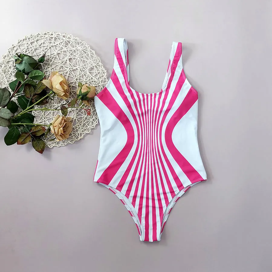 Pink striped digital print one-piece swimsuit for women shown from front and back.