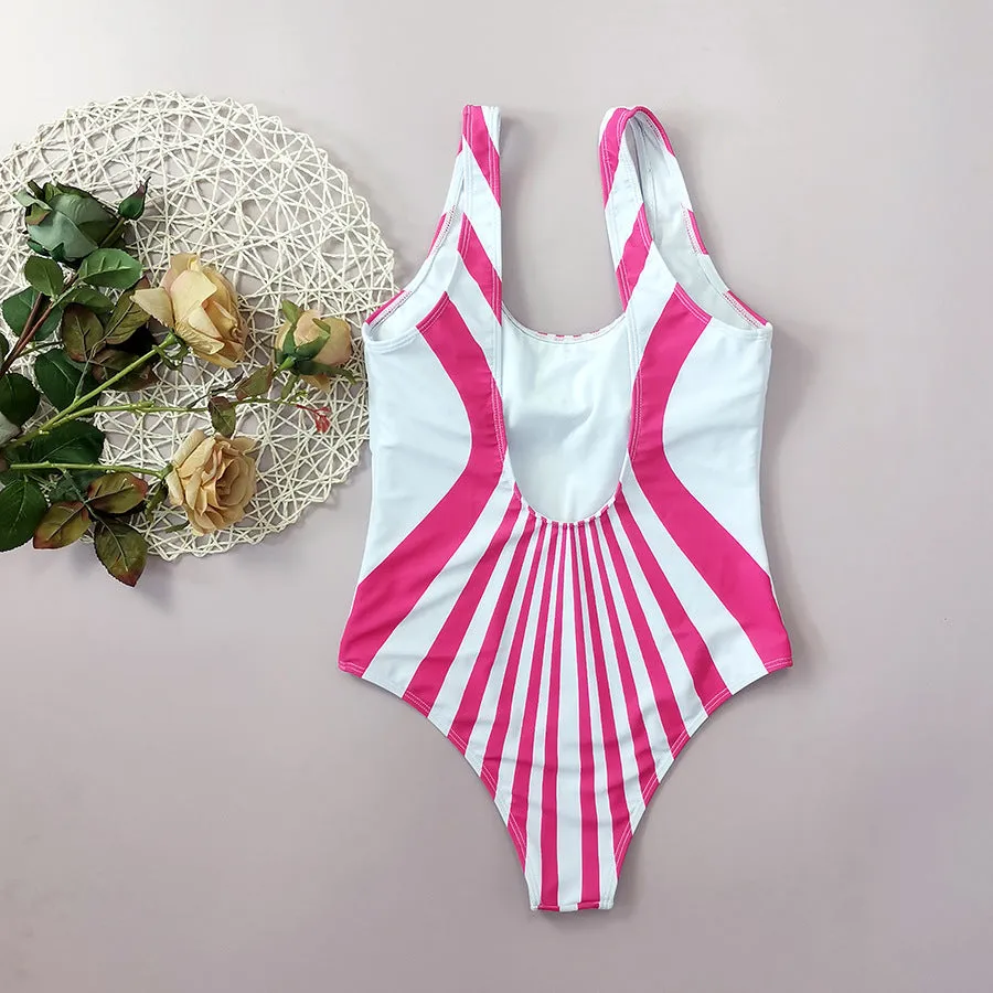 Pink striped digital print one-piece swimsuit for women shown from front and back.