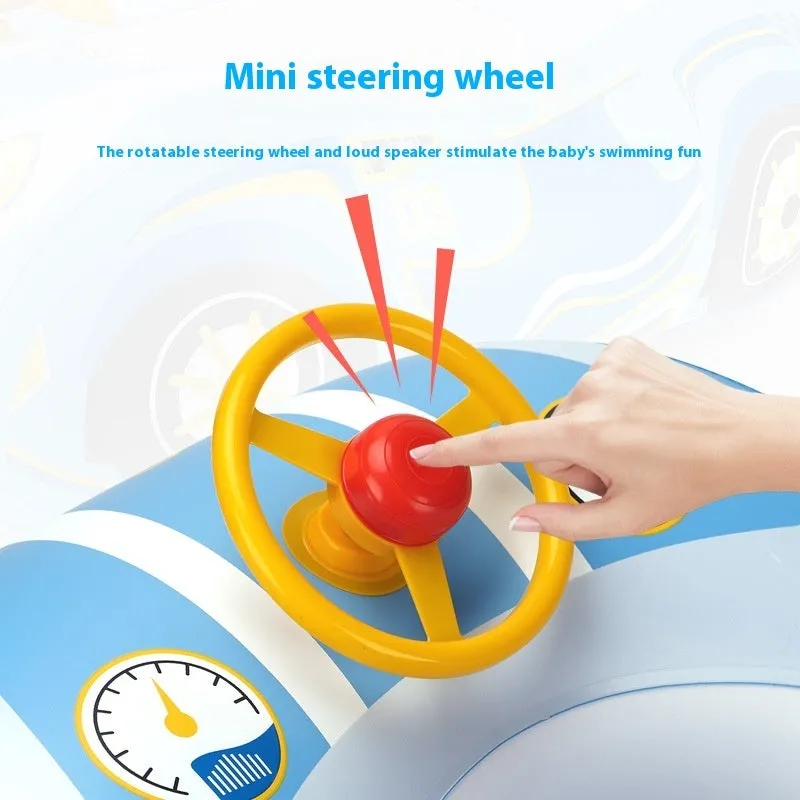 Pink children's inflatable swimming ring with mini steering wheel and sports car boat cartoon design