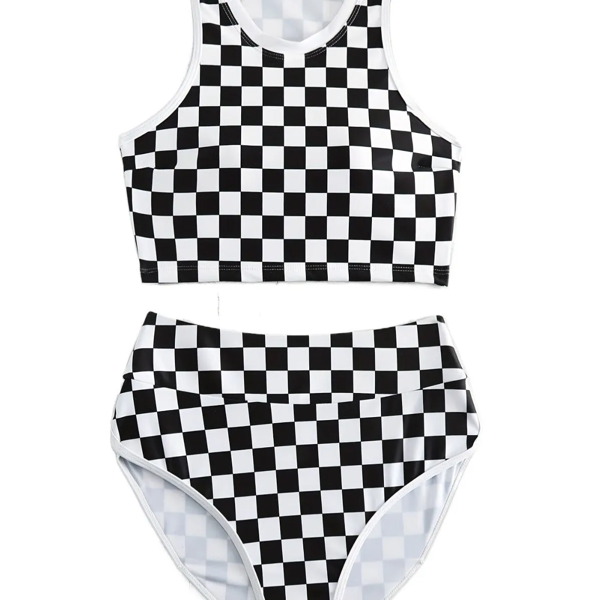 Checkered racing one-piece swimsuit with backless design and suspender straps