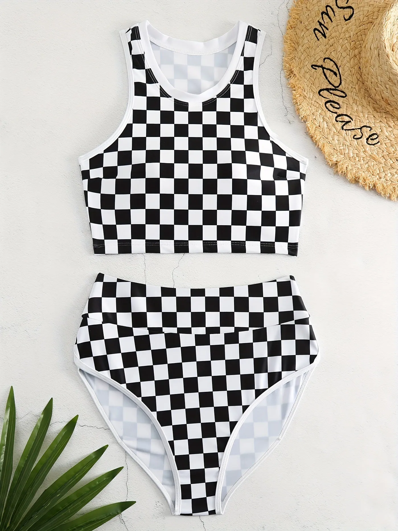 Checkered racing one-piece swimsuit with backless design and suspender straps