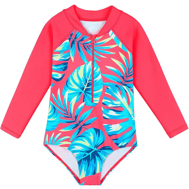 Girl's long sleeve one-piece swimming suit in polyester fabric for swimming activities