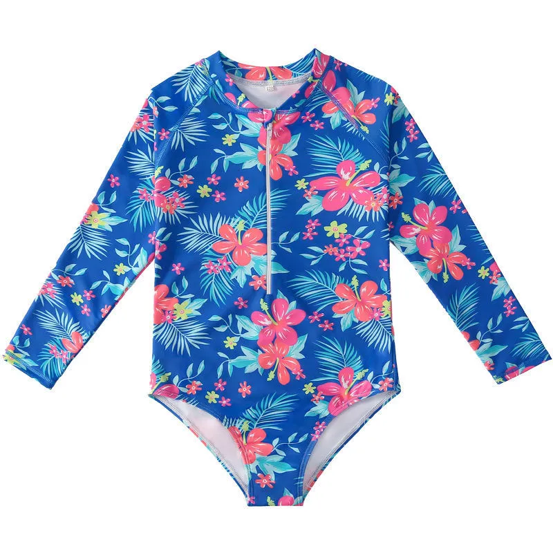 Girl's long sleeve one-piece swimming suit in polyester fabric for swimming activities