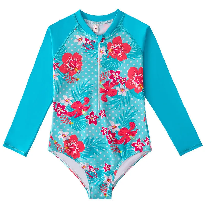 Girl's long sleeve one-piece swimming suit in polyester fabric for swimming activities