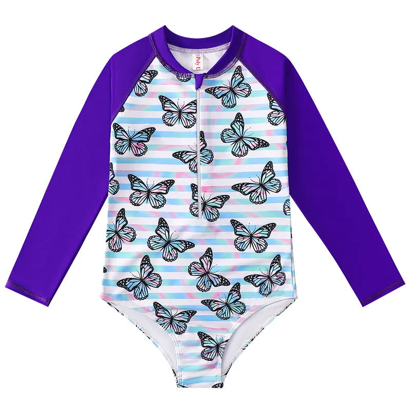 Girl's long sleeve one-piece swimming suit in polyester fabric for swimming activities