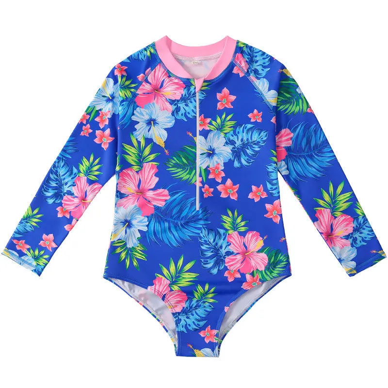 Girl's long sleeve one-piece swimming suit in polyester fabric for swimming activities