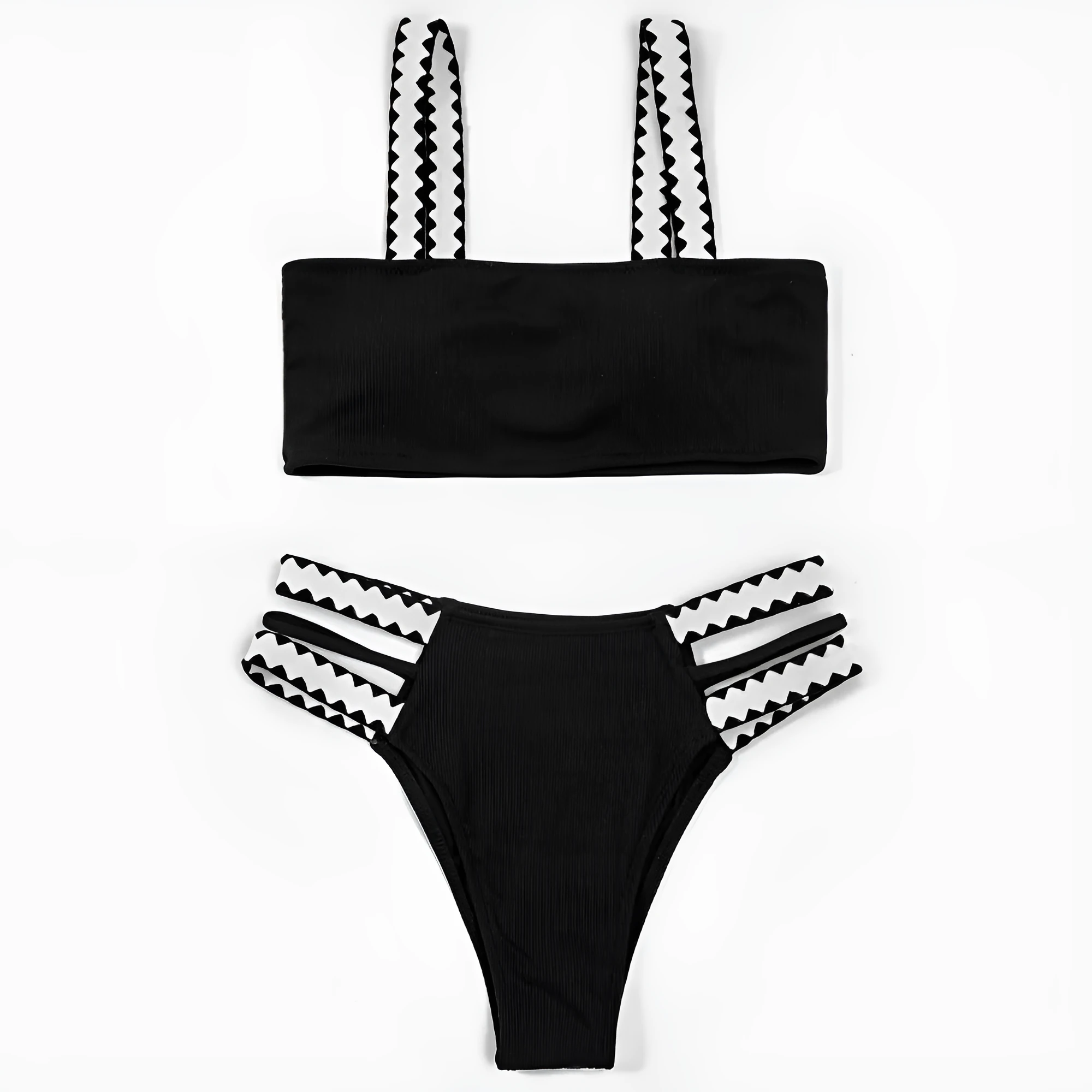 Black women's hollowed-out split swimsuit bikini set on a mannequin.