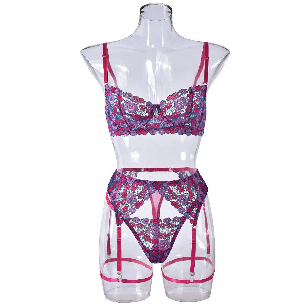 Women's rose red embroidered bikini set with contrast colour details