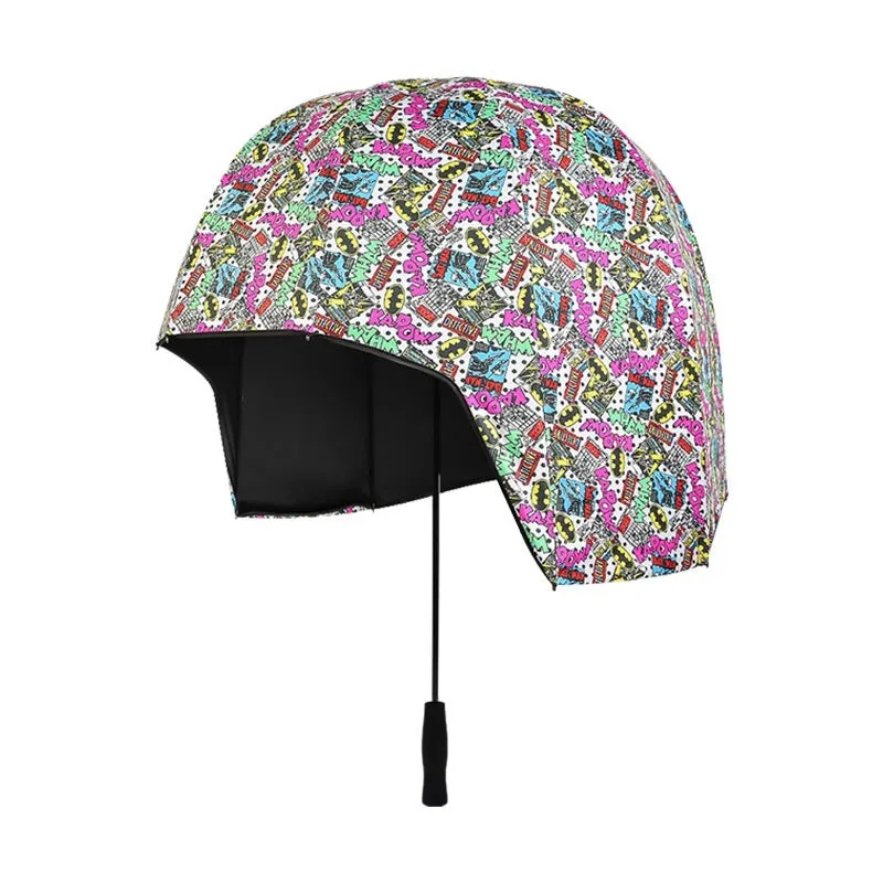 76cm diameter helmet umbrella with long handle in vinyl-laminated NC fabric showing dual sun and rain protection design