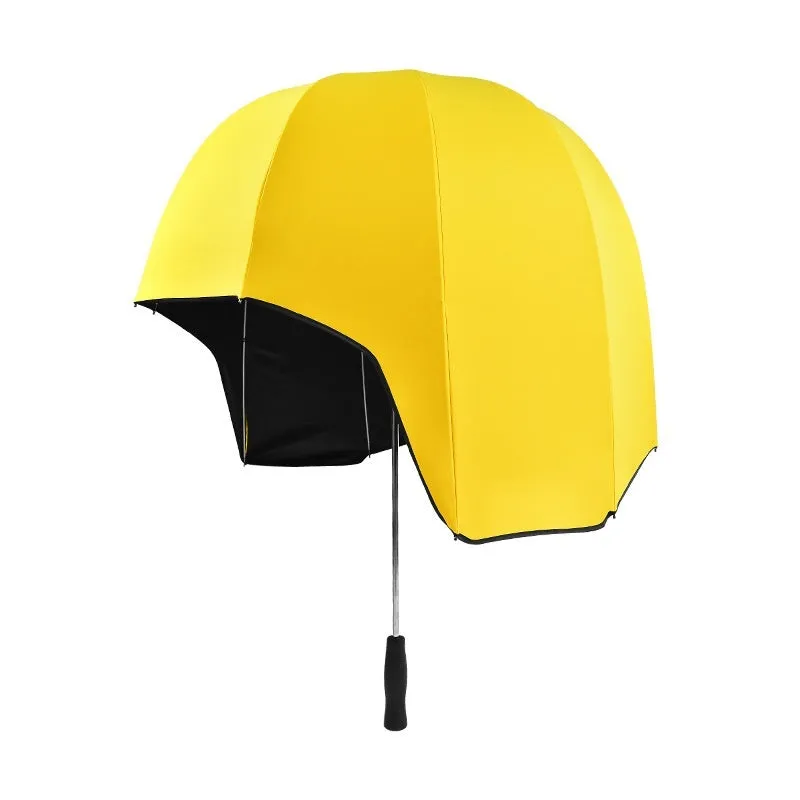76cm diameter helmet umbrella with long handle in vinyl-laminated NC fabric showing dual sun and rain protection design
