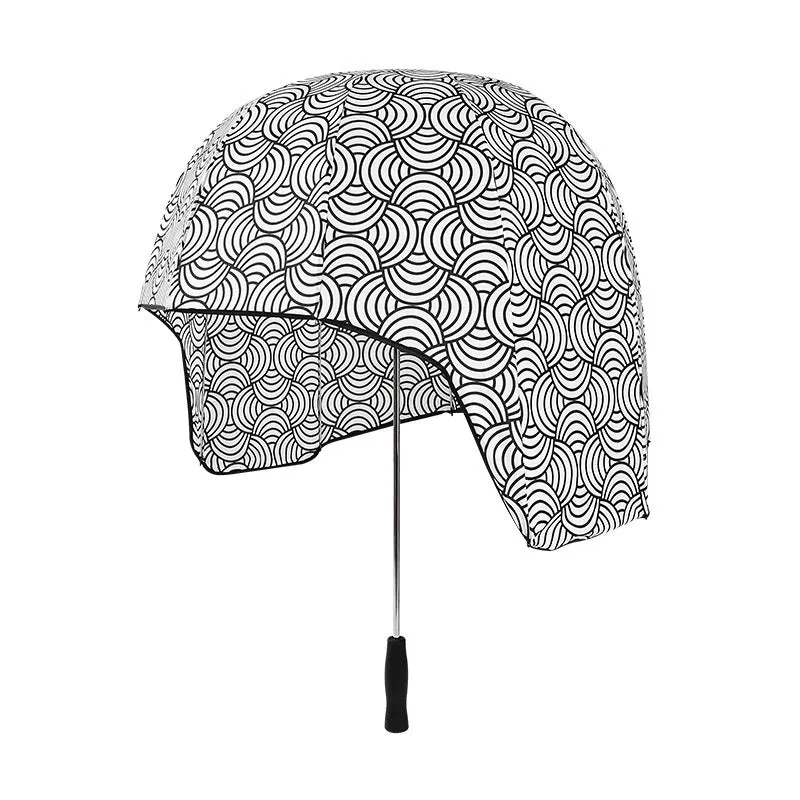 76cm diameter helmet umbrella with long handle in vinyl-laminated NC fabric showing dual sun and rain protection design
