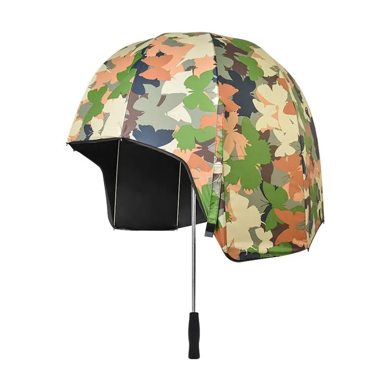 76cm diameter helmet umbrella with long handle in vinyl-laminated NC fabric showing dual sun and rain protection design