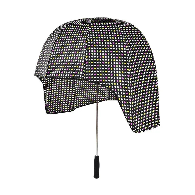 76cm diameter helmet umbrella with long handle in vinyl-laminated NC fabric showing dual sun and rain protection design