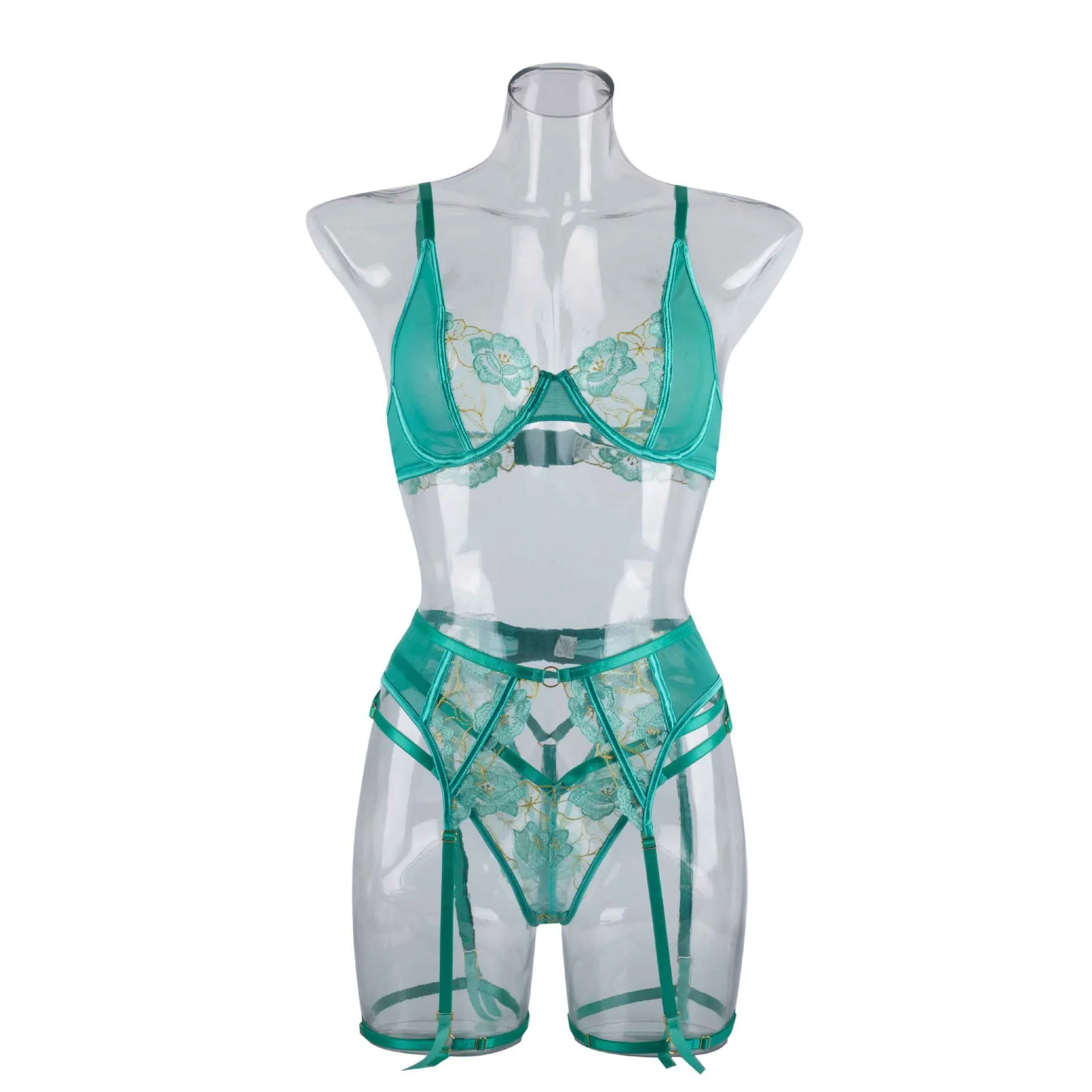 Light green embroidered women's bra and bikini set in three-point style.