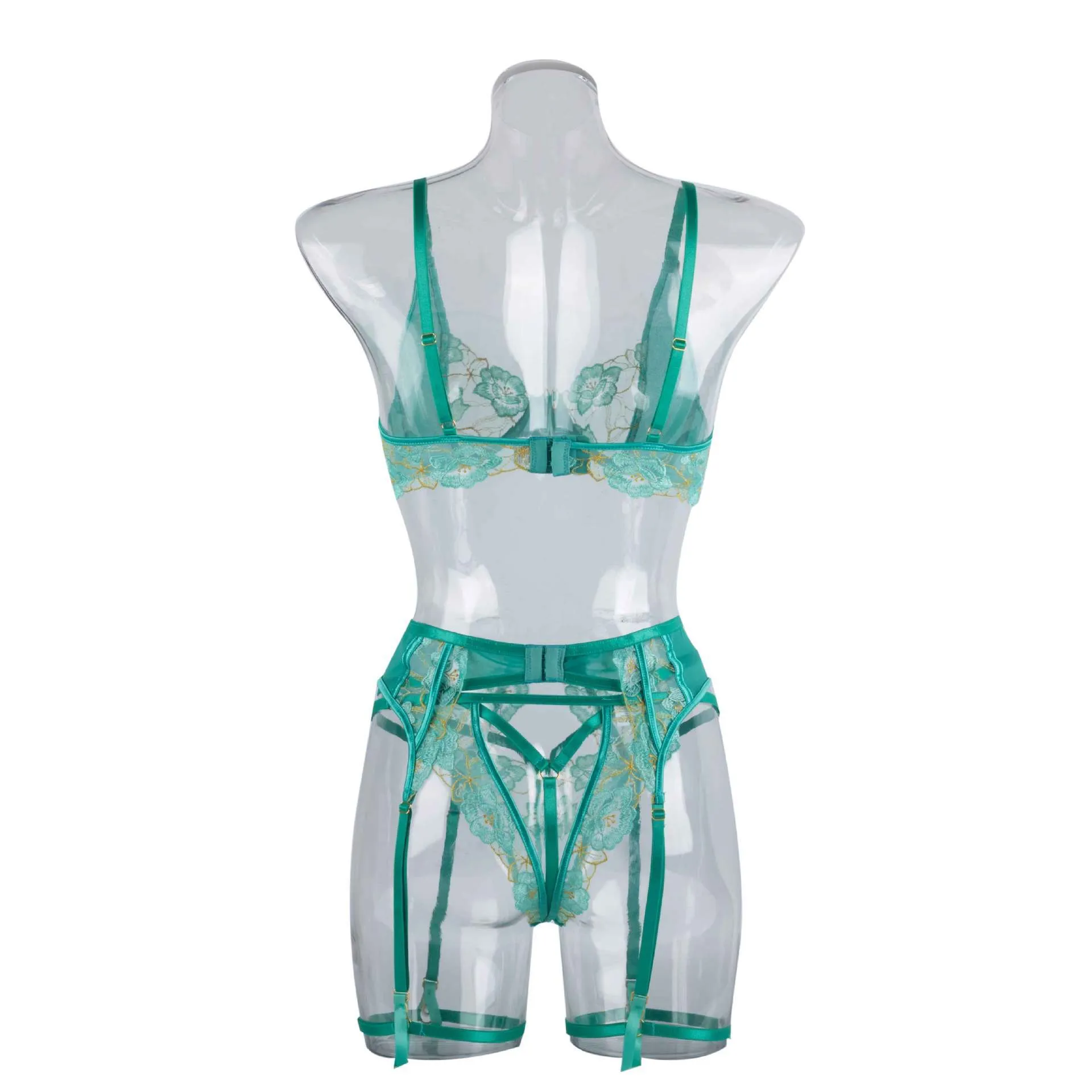 Light green embroidered women's bra and bikini set in three-point style.