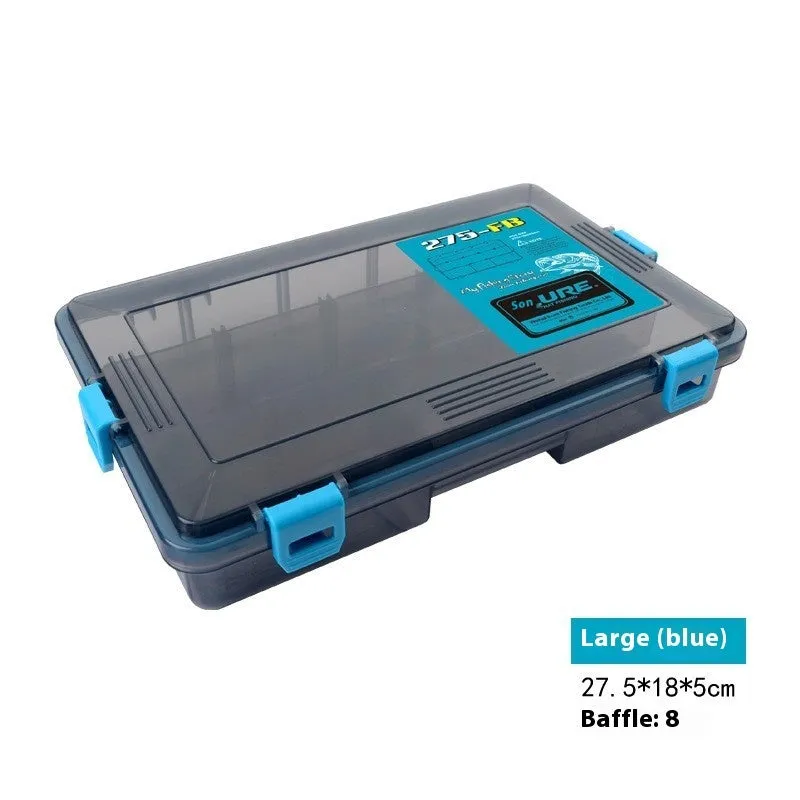 Blue waterproof plastic fishing lure storage box for tackle organisation.