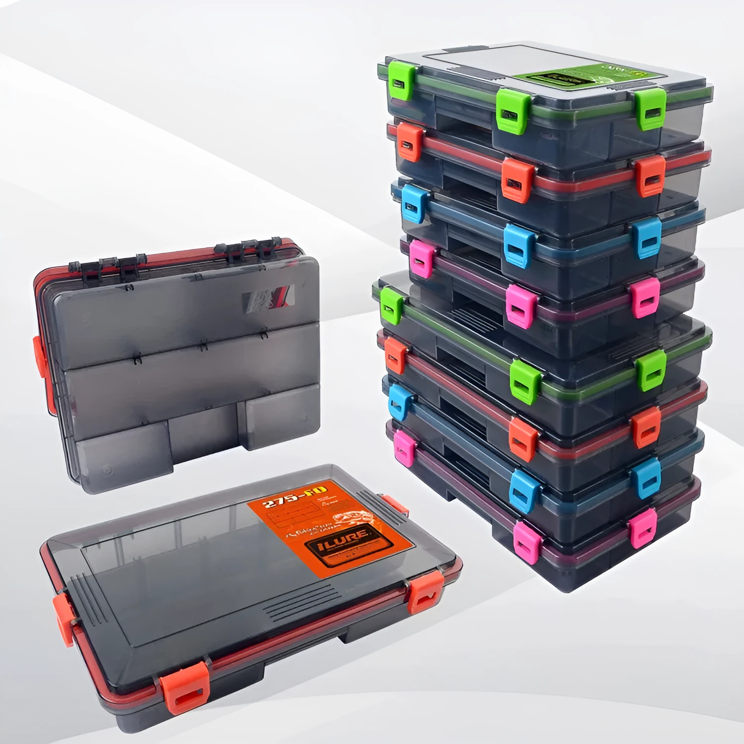 Blue waterproof plastic fishing lure storage box for tackle organisation.