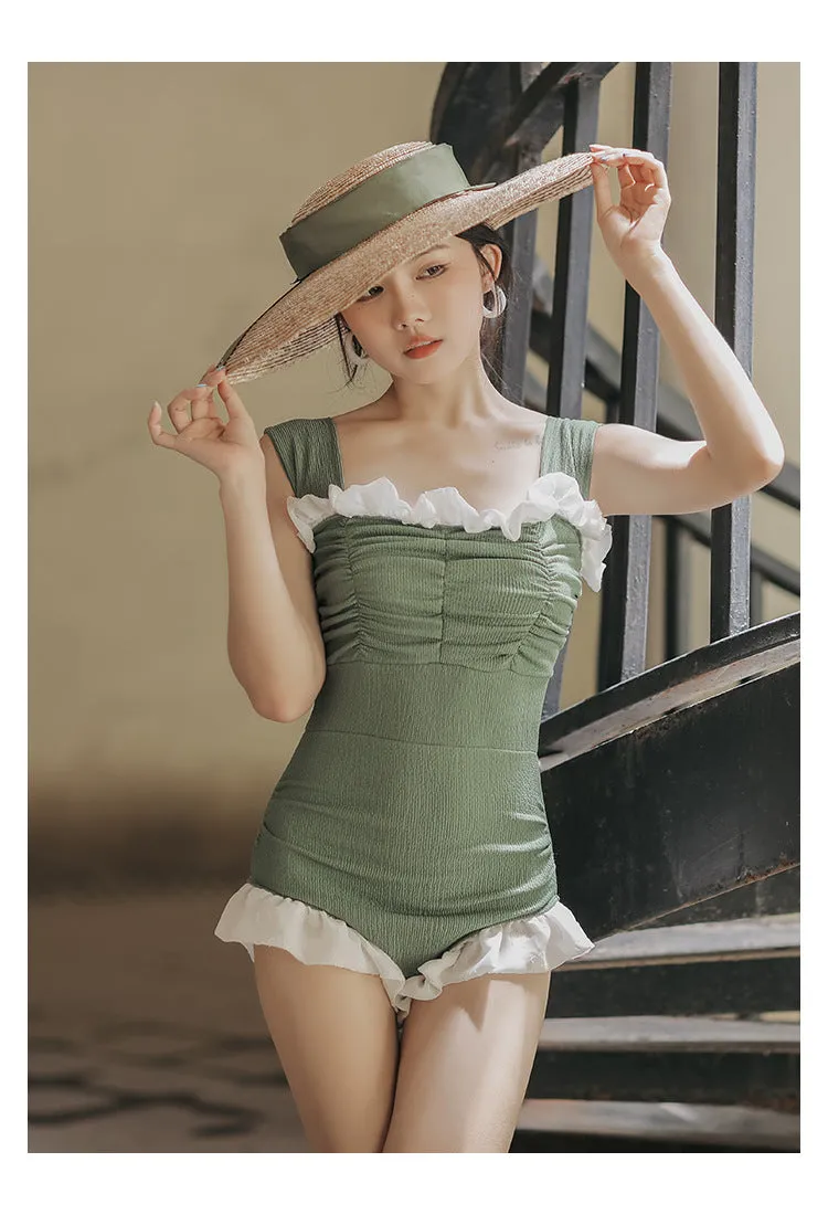 Korean style high waist one-piece swimsuit in quick-drying polyester fabric