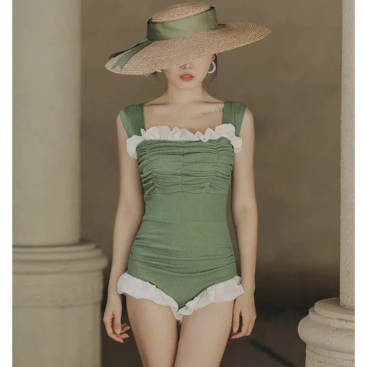 Korean style high waist one-piece swimsuit in quick-drying polyester fabric