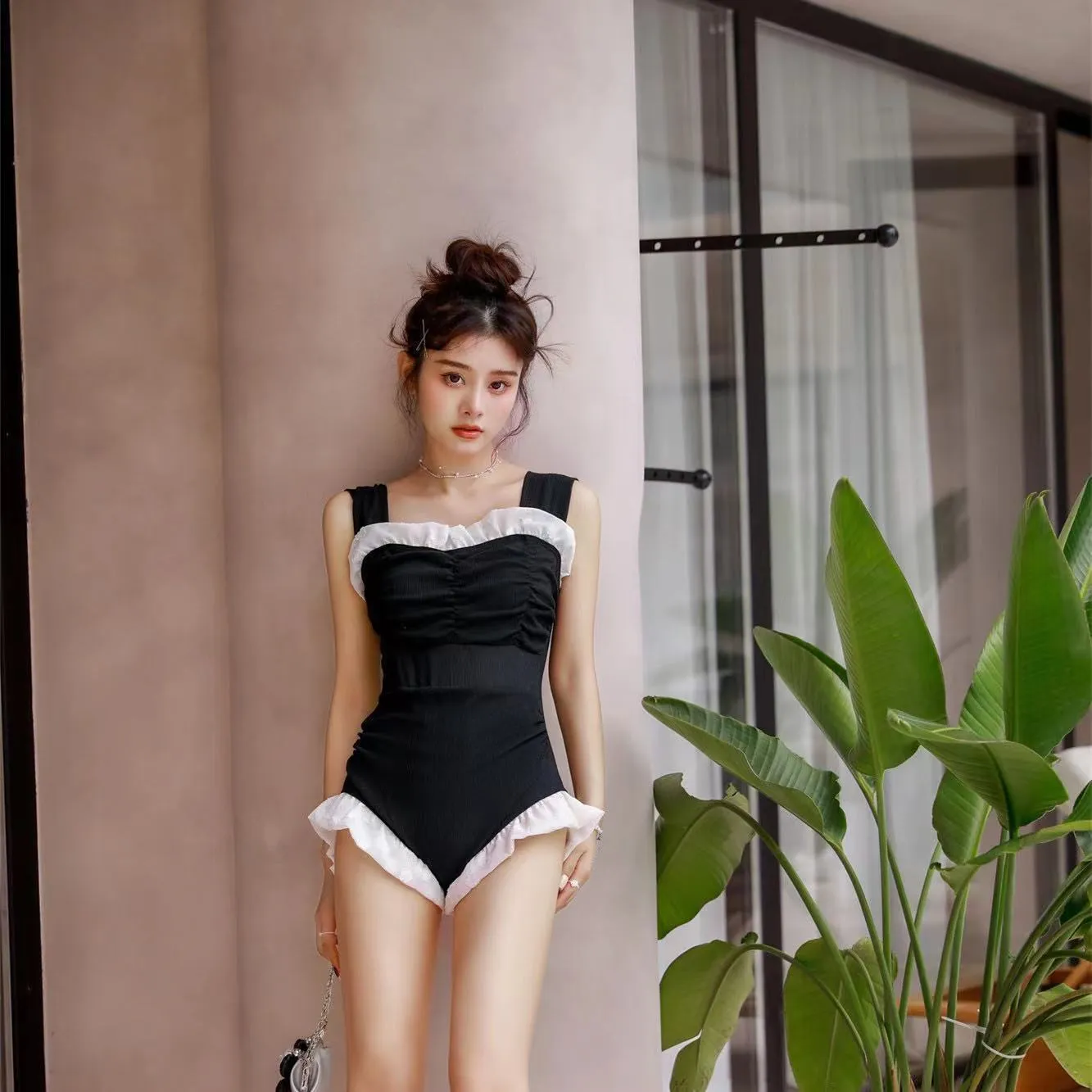 Korean style high waist one-piece swimsuit in quick-drying polyester fabric