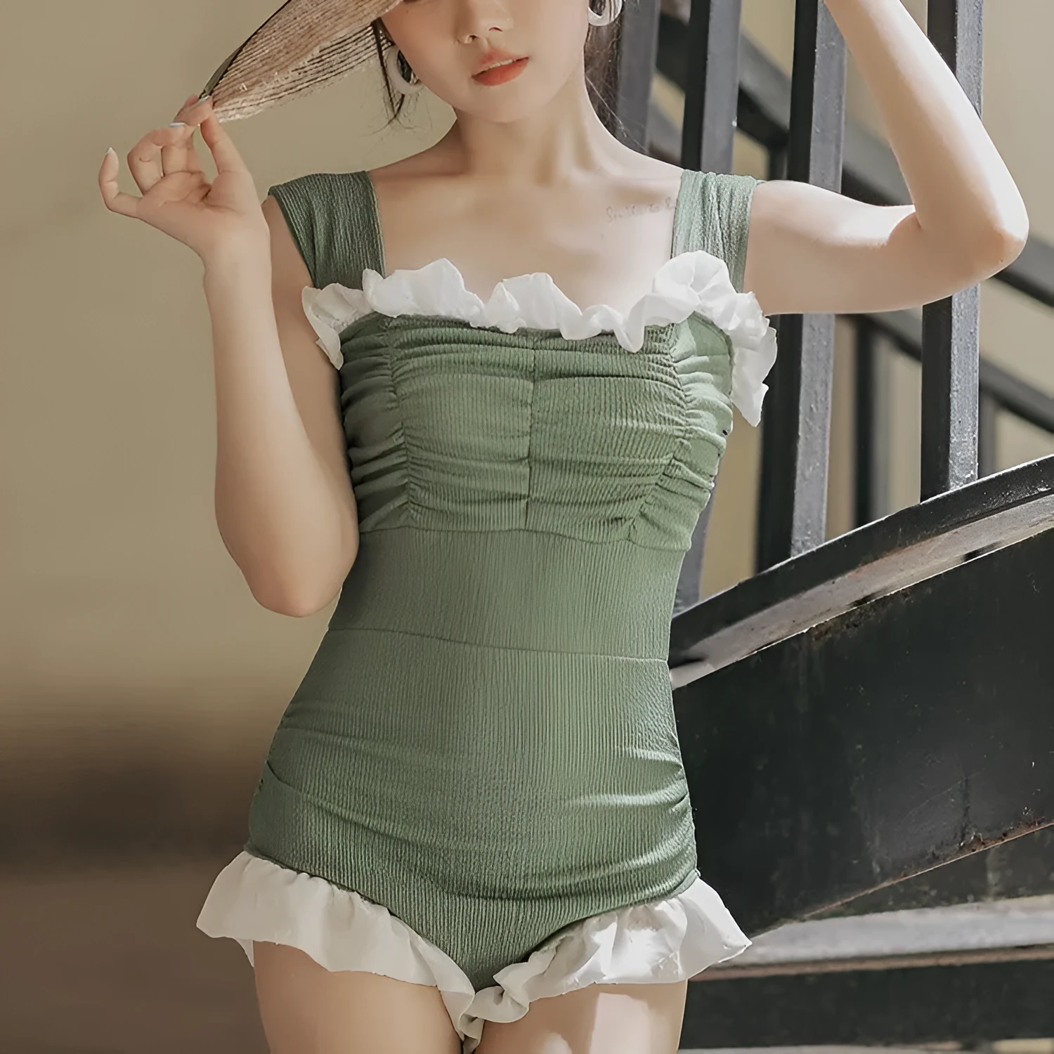 Korean style high waist one-piece swimsuit in quick-drying polyester fabric