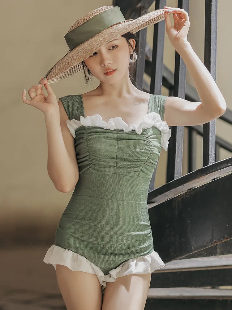 Korean style high waist one-piece swimsuit in quick-drying polyester fabric
