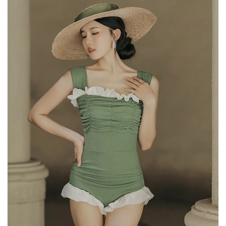 Korean style high waist one-piece swimsuit in quick-drying polyester fabric