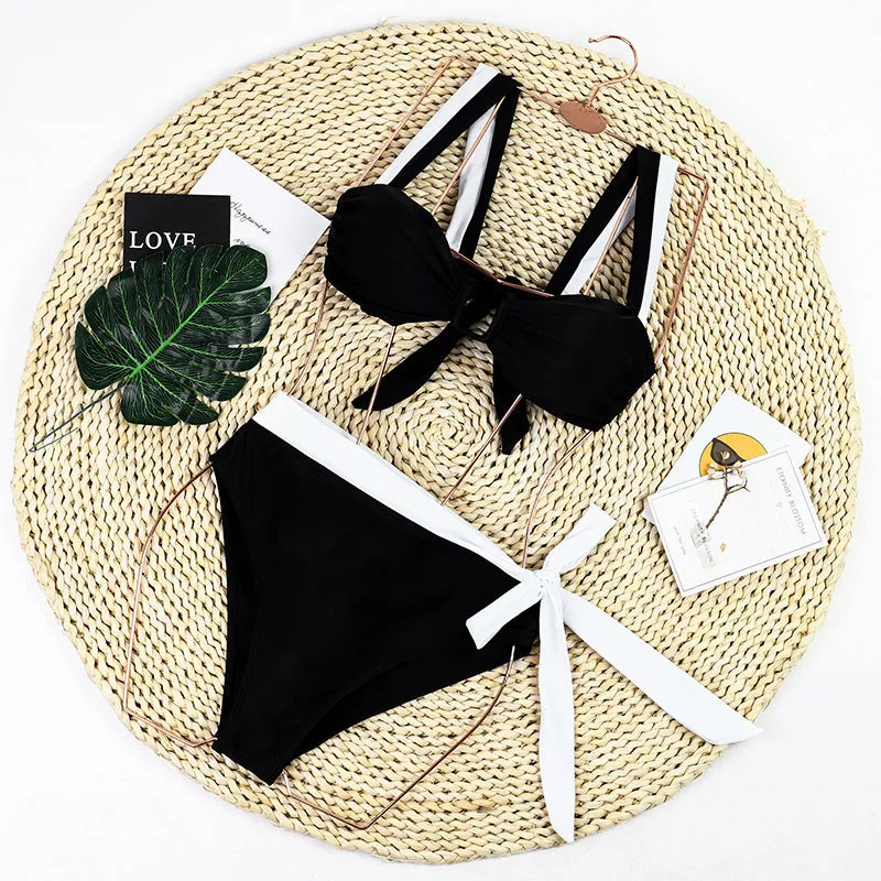 Black high waist bikini set with visible stitching detail, showing front view of two-piece swimsuit