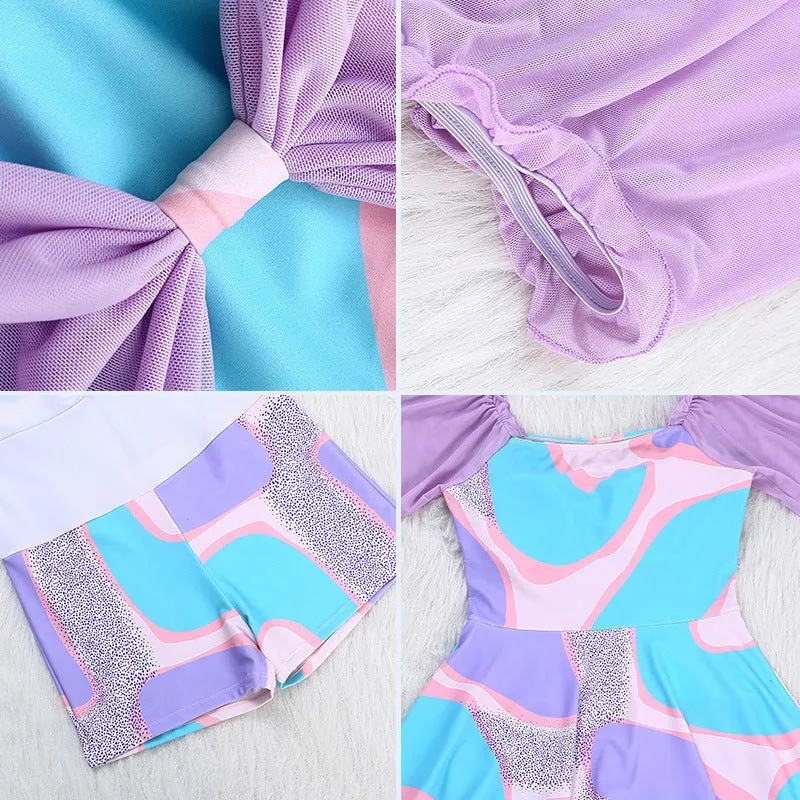Women's floral high-waist one-piece swimsuit with bowknot detail in light purple or light blue