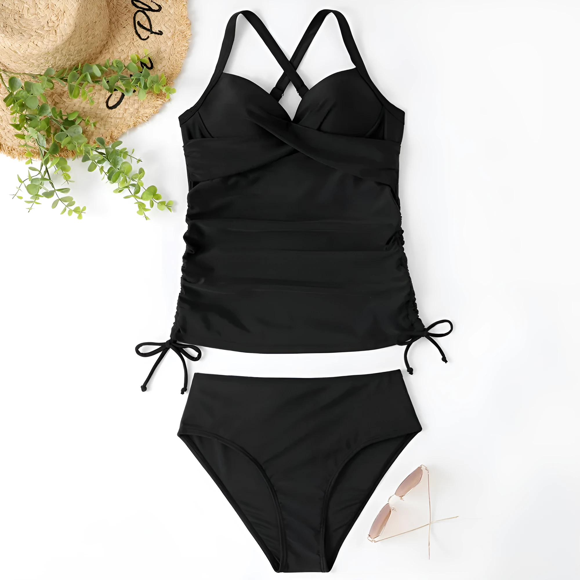 Women's high-waist slim fit bikini set in nylon, available in black, army green, leopard print, and green leaves.