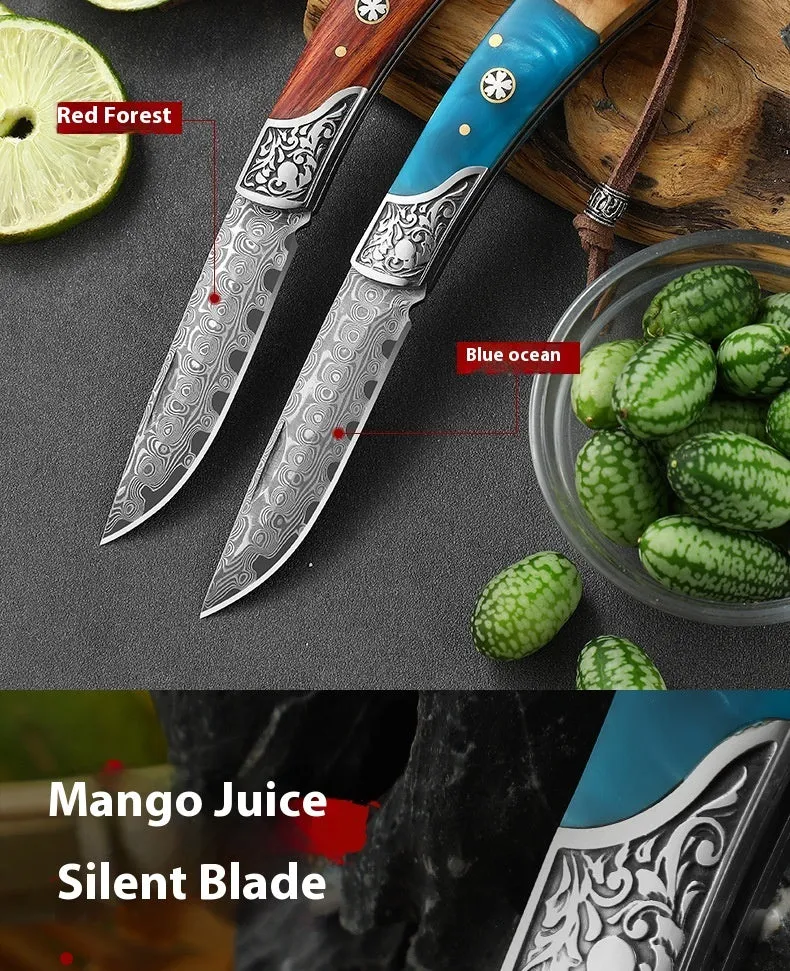 VG10 folding mini outdoor knife showing stainless steel blade and dovetail pattern in blue or red