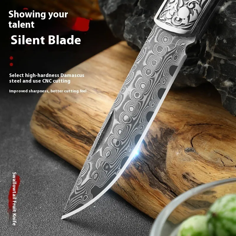 VG10 folding mini outdoor knife showing stainless steel blade and dovetail pattern in blue or red