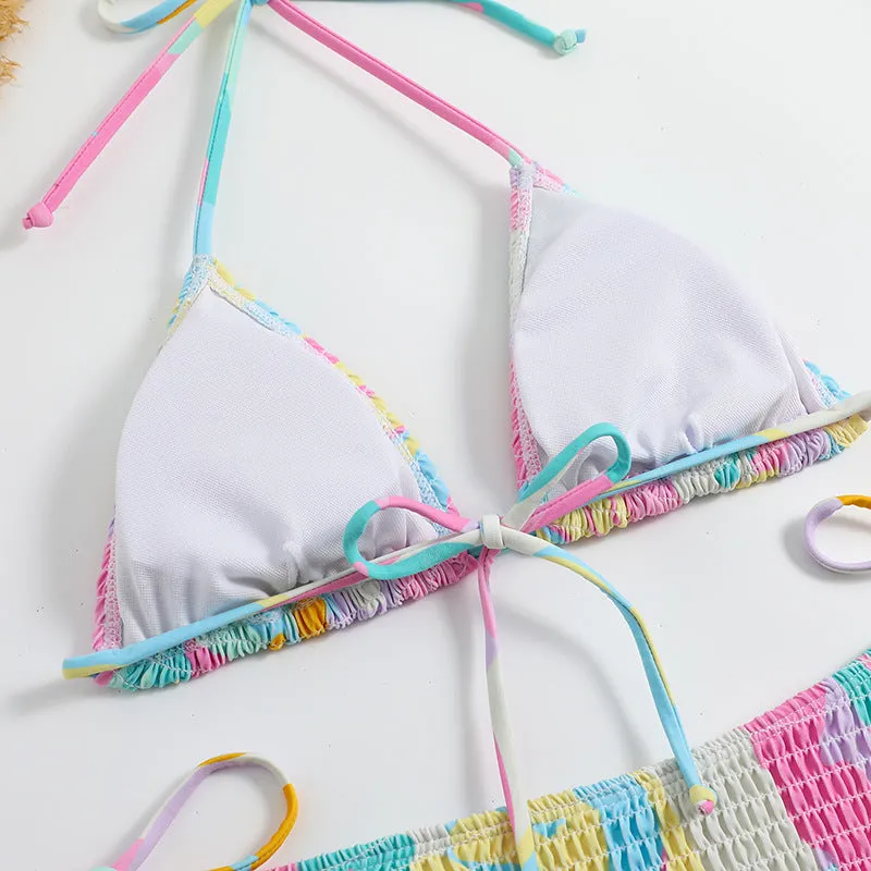 Women's triangle bag bikini with printed floral gradient pattern and smocking craft detailing