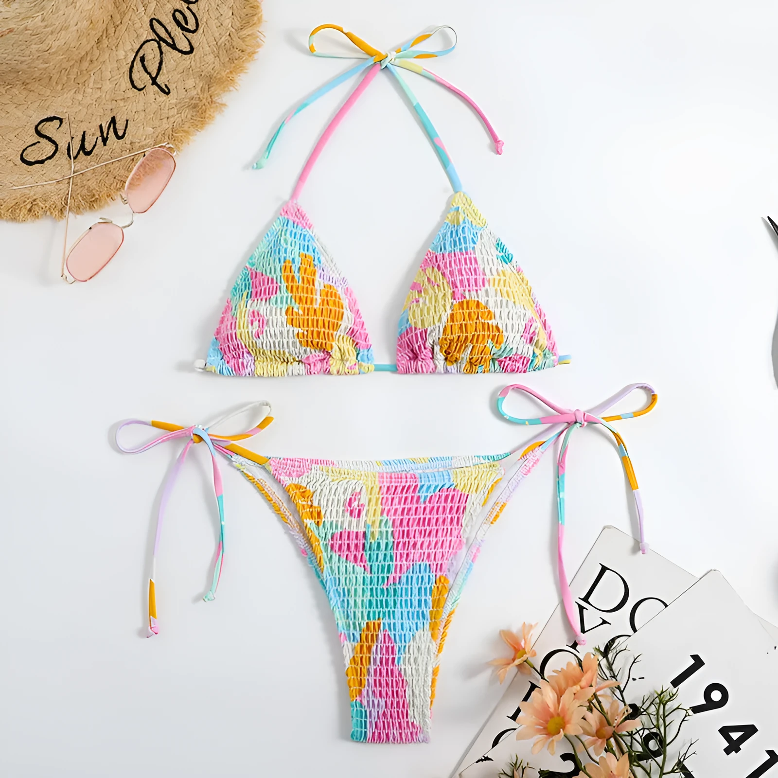 Women's triangle bag bikini with printed floral gradient pattern and smocking craft detailing