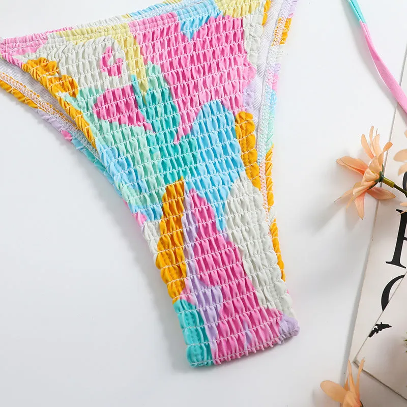 Women's triangle bag bikini with printed floral gradient pattern and smocking craft detailing