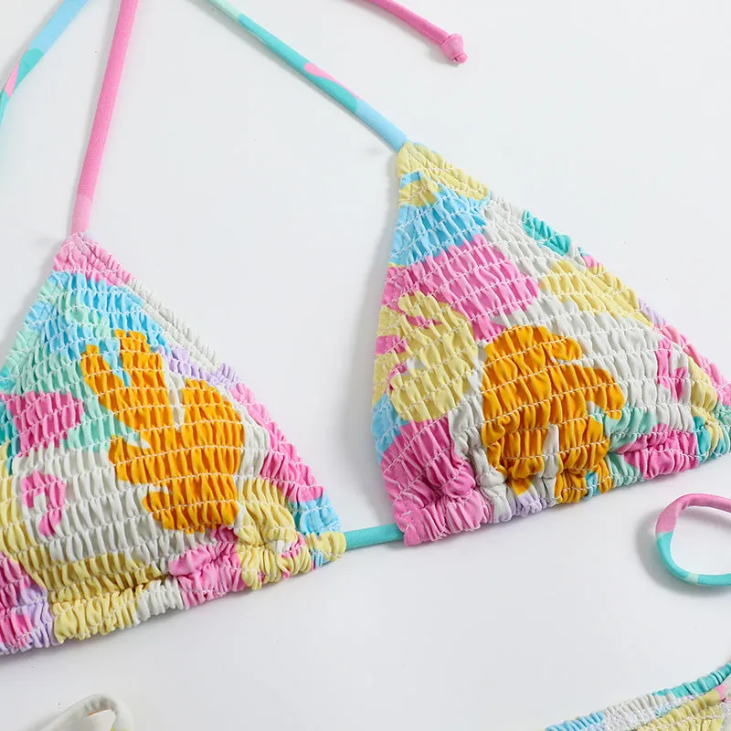 Women's triangle bag bikini with printed floral gradient pattern and smocking craft detailing